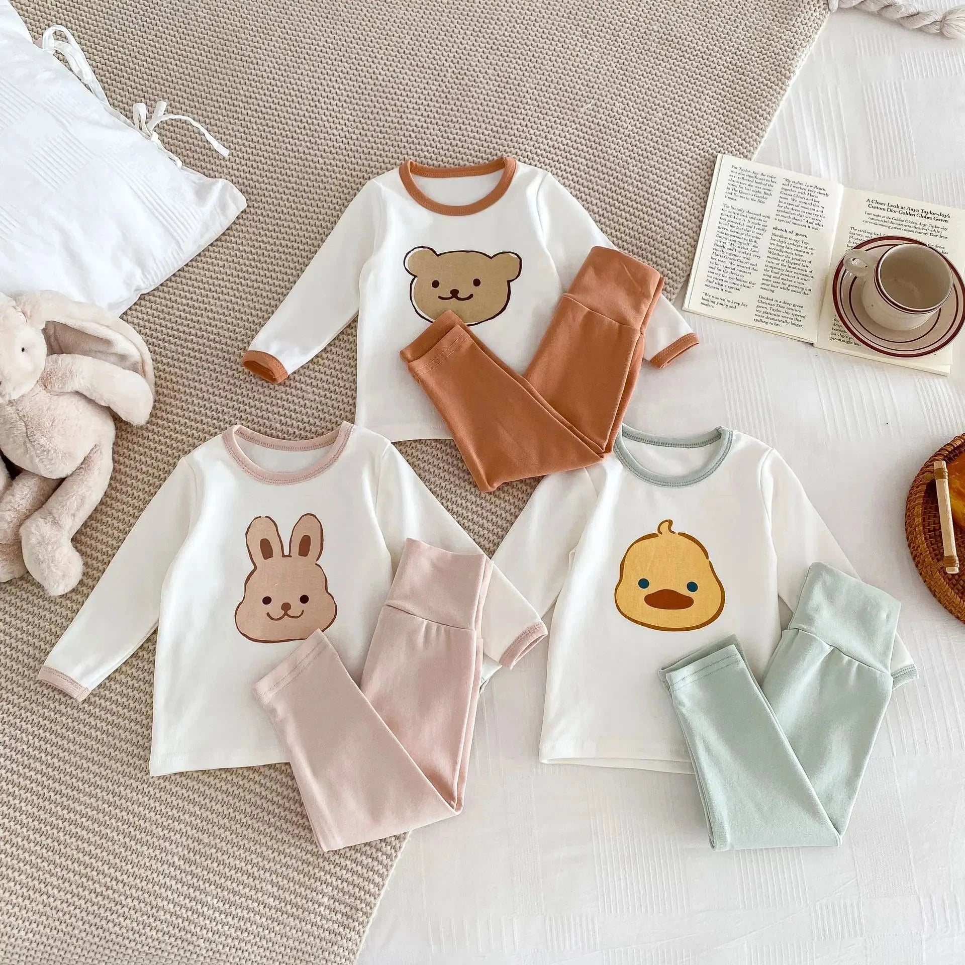 Korean 2025 Ins Spring Baby Girls 2PCS Sleepwears Cotton Long Sleeve Cartoon Tops Solid Pants Suit Toddler Girls Pajamas Baby Boujee 