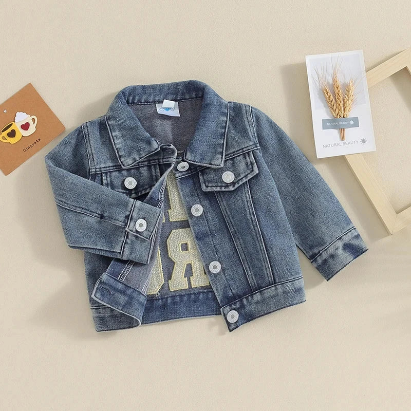 2023-11-17 Lioraitiin Toddler Baby Boys Denim Jacket Letter Embroidery Button-Down Jeans Jacket Turn-Down Collar Coat Outerwear Baby Boujee 