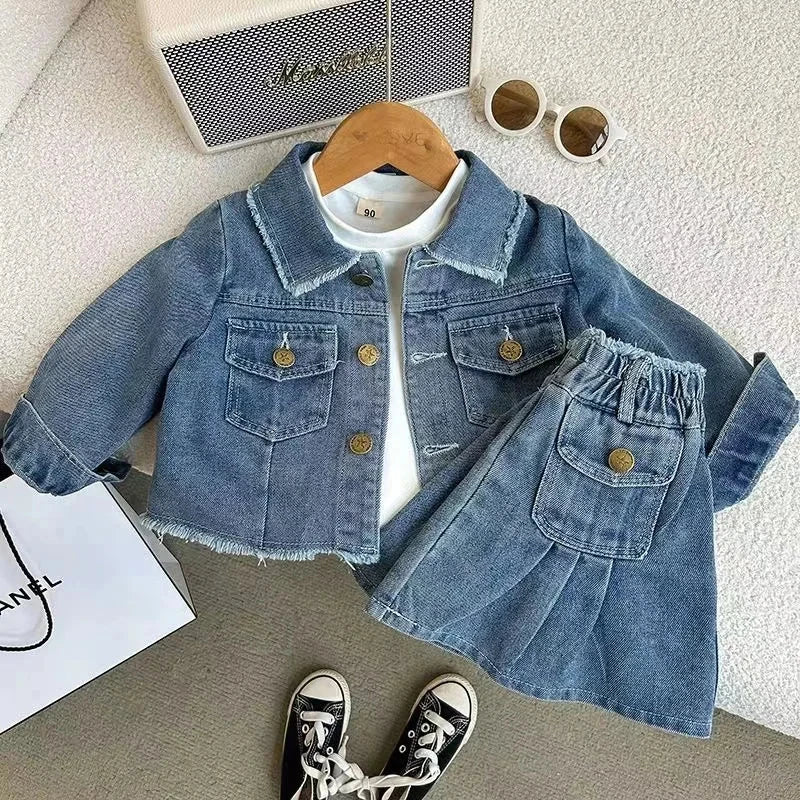 New Children's Denim Jacket Set Spring Denim Kids Jackets+Skirt Long Sleeve Girls Children Casual Costumes Autumn Girl Clothes Baby Boujee 