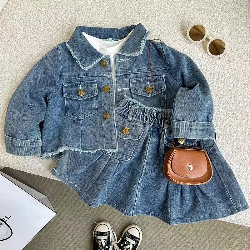 New Children's Denim Jacket Set Spring Denim Kids Jackets+Skirt Long Sleeve Girls Children Casual Costumes Autumn Girl Clothes Baby Boujee 